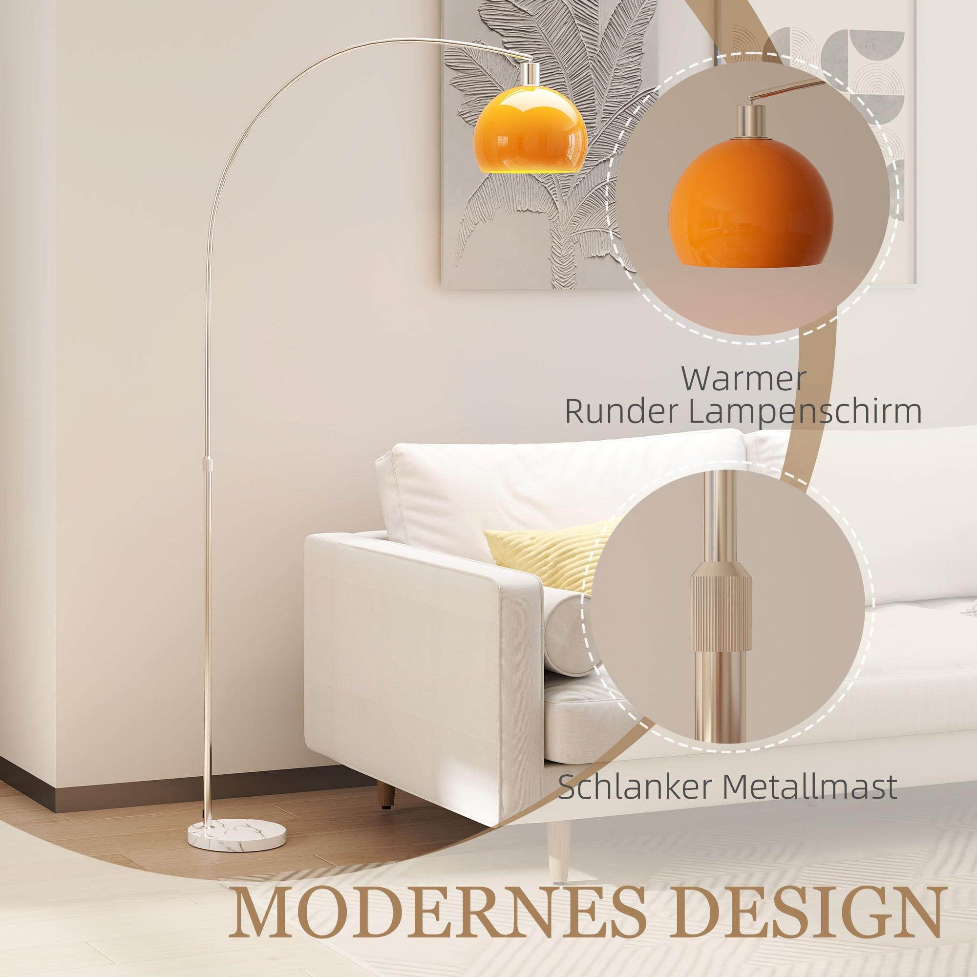HOMCOM Stehlampe Wohnzimmer im Bogen Design mit Marmorsockel Stehleuchte mit Lampenschirm Fußschalter E27 Fassung, für Schlafzimmer Büro, exkl. Glühbirne