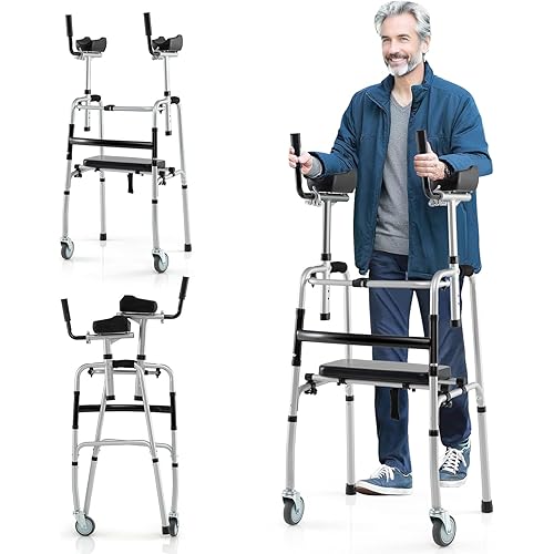 Goplus Folding Walker, 450 Lbs Foldable Standard Walker with 5'' Wheels, Seat and Removable Armrests, Lightweight Walking Mobility Aid, Aluminum Platform Walkers for Seniors, Handicap, Disabled