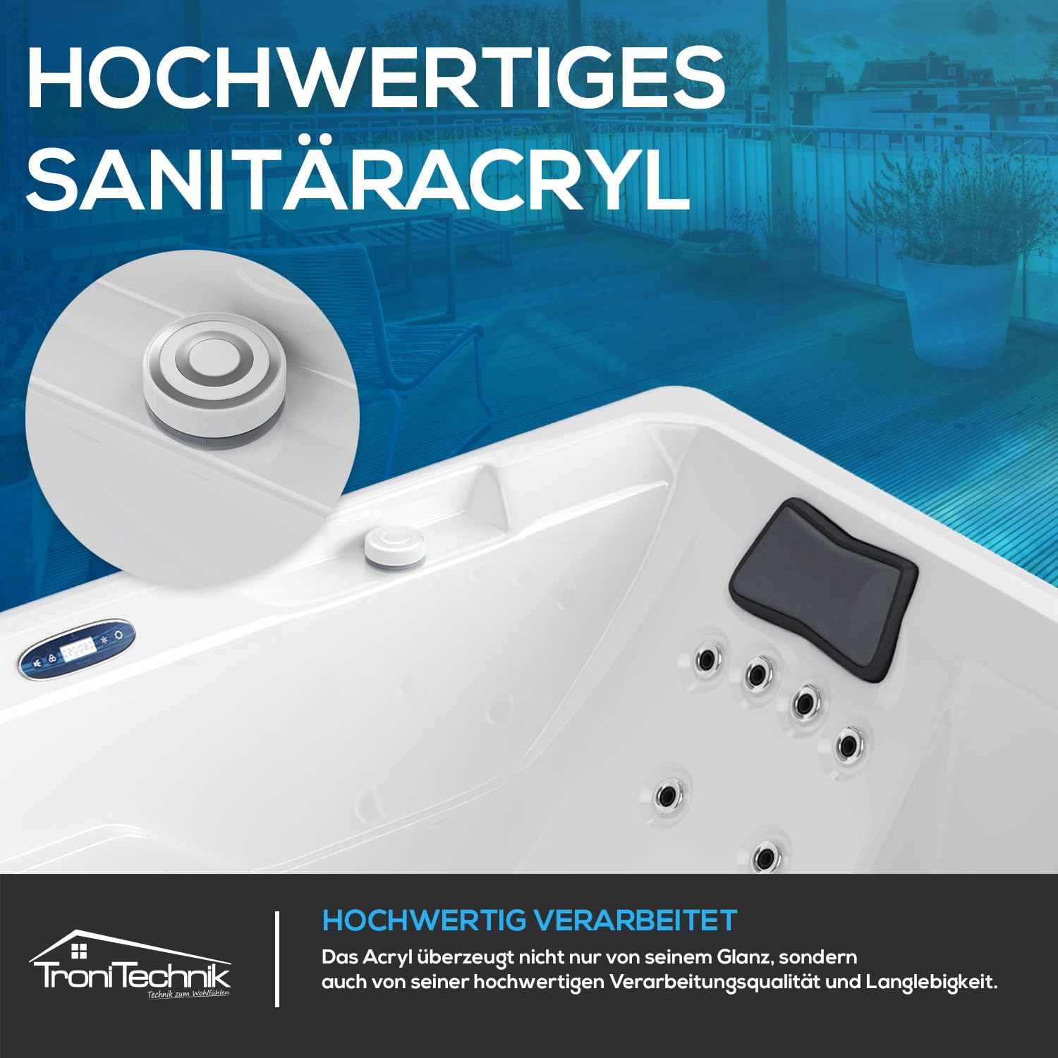 Tronitechnik® Outdoor Whirlpool Spa GALERA außen Badewanne weiß 190cm x 130cm mit Heizung, Hydromassage und Farblichtherapie