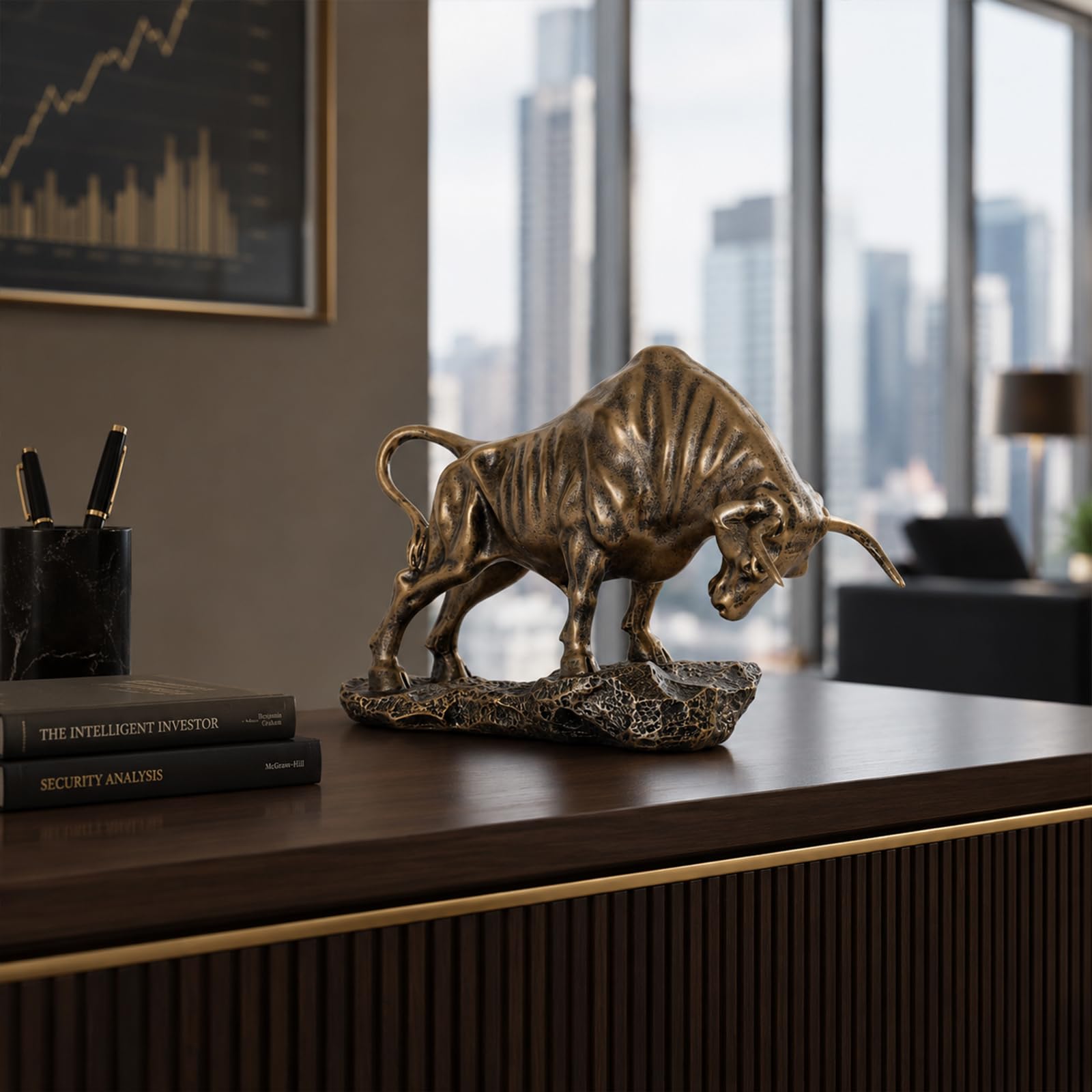 Statua di toro di Wall Street, scultura da scrivania in resina a forma di toro, ornamento del mercato azionario per mensola da ufficio, mensola da tavolo, consulente finanziario, decorazione