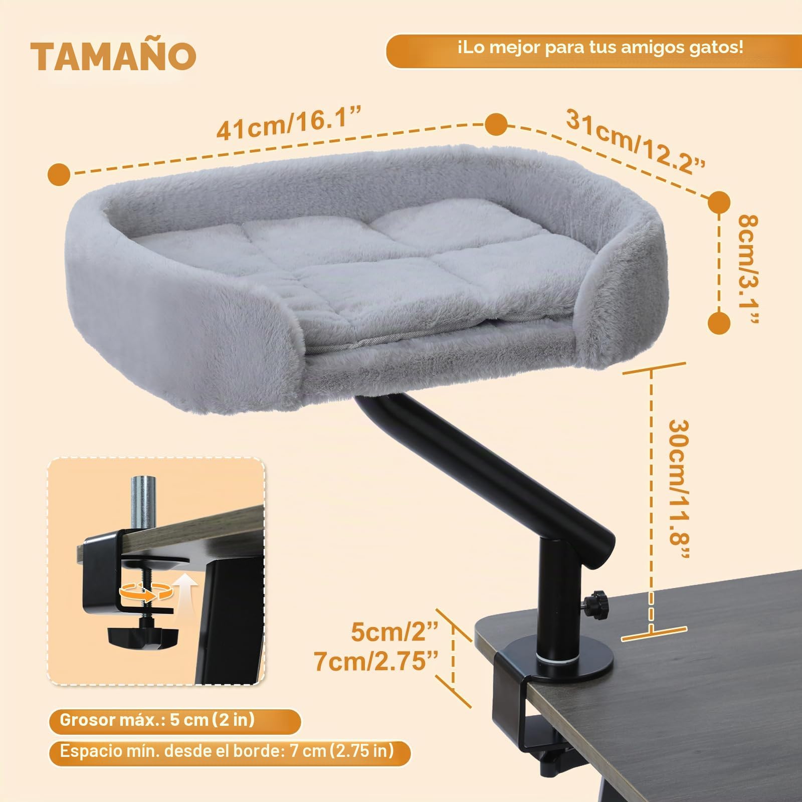 PAWZ Road Cama para Gatos de Escritorio con Pelota de Peluche interactiva, Cesta para Gatos, Soporte Giratorio 360°, Hamaca para con rascador, Cama para, soporta hasta 22,5 kg, Gris | Con pelota de peluche interactiva, cesta para gatos, hamaca para gatos,