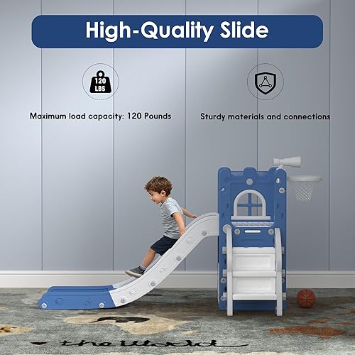 Miniatura 5 de Tobogán para niños pequeños 6 en 1, juego de juegos para niños pequeños para interiores y exteriores, tobogán para bebés con aro de baloncesto,