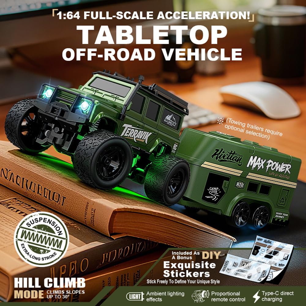 Pickup RC Crawler 1:64 con rimorchio, telecomando da 2,4 GHz e luce LED