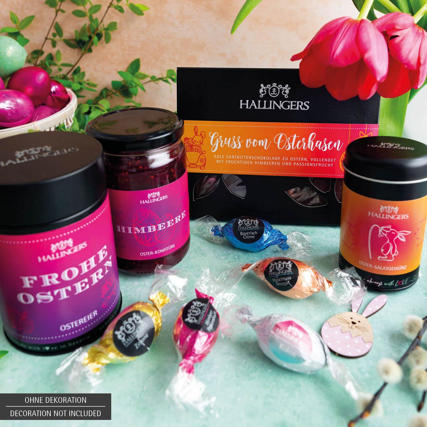 Hallingers Genuss Manufaktur Feinkost Oster-Geschenk-Set - XXL-Wundertüte "Gruß vom Osterh..." großes Osternest Pralinen-Ostereier, Ostertafel, Konfitüre & Gewürz, Ostern Körbchen für Frauen Männer