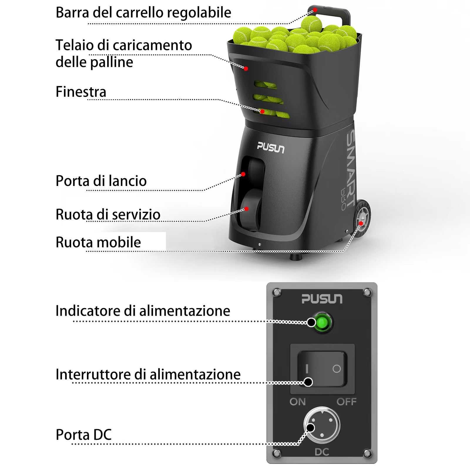 PUSUN PT-Smart-Pro - Macchina intelligente per palline da tennis, servizio automatico con controllo APP/telecomando/iWatch, 12 modalità di servizio, batteria 4-6H per allenamento/coaching (nero)