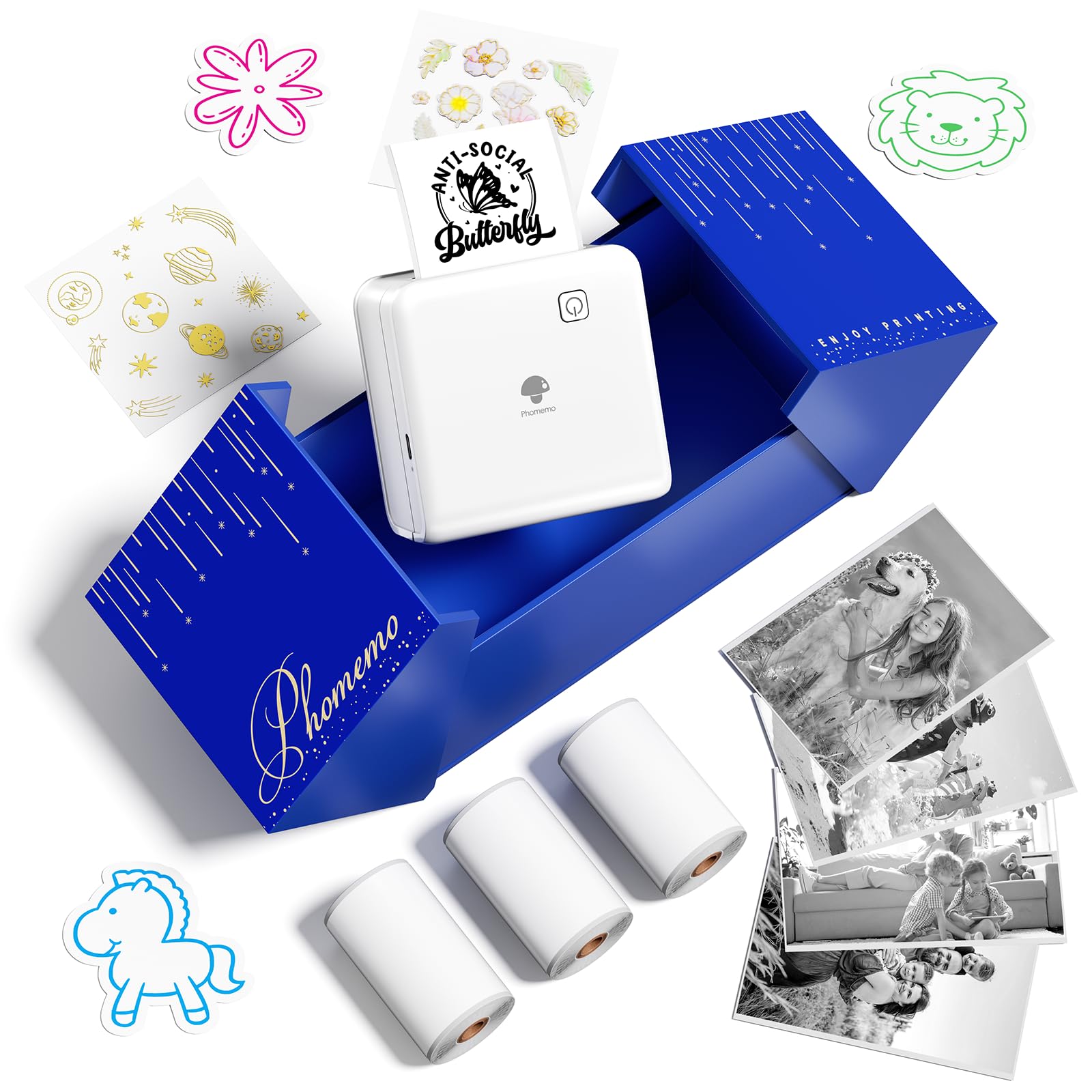 Phomemo P2S Mini Drukarka Fotograficzna, Mini Drukarka Bluetooth, Przenośna Drukarka Termiczna 300 dpi z 3 Rolkami Papieru, Kompatybilna z iOS i Androidem, do zdjęć, zdjęć, prezentów