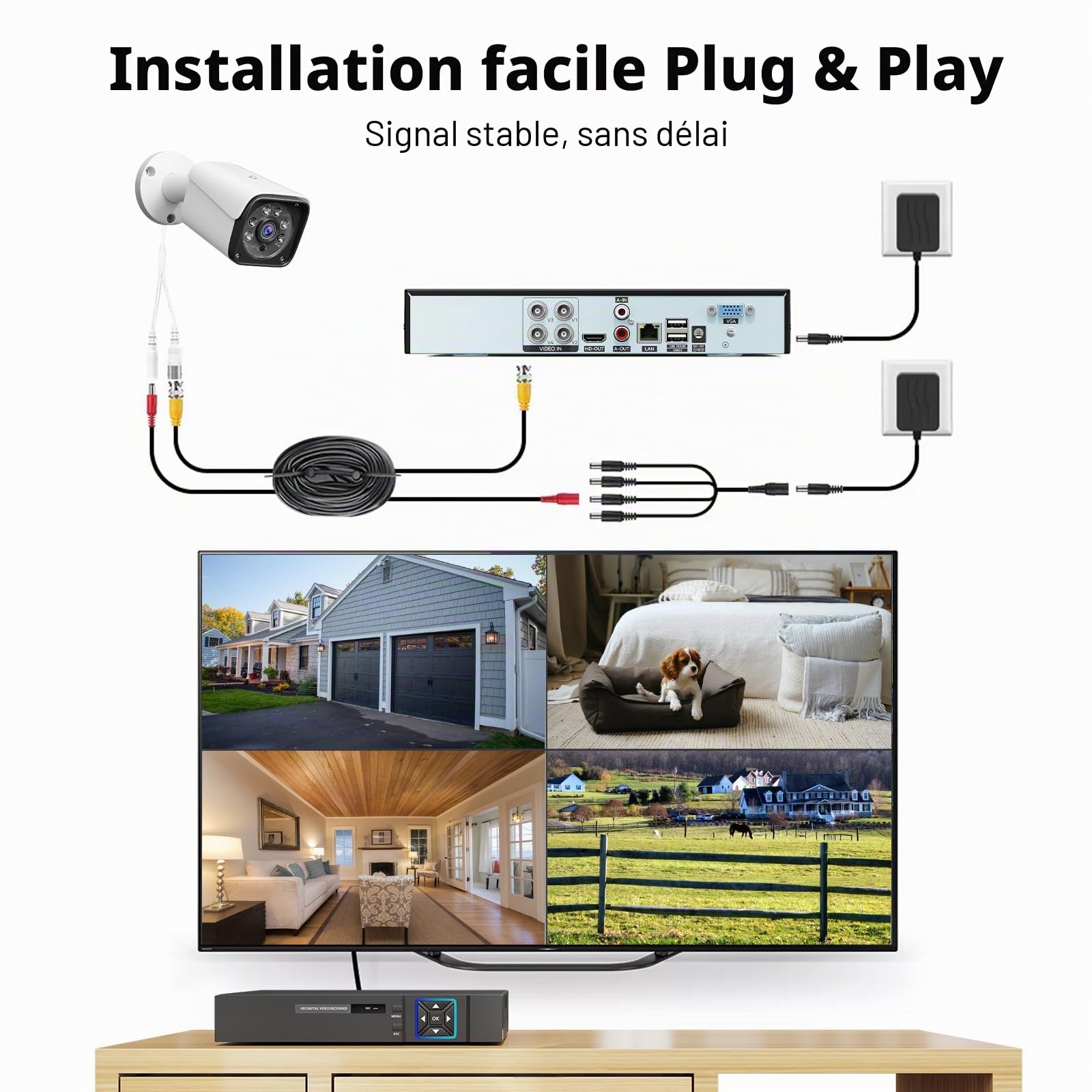 Système de caméra de sécurité filaire extérieur, 4 canaux 5 MP Lite AHD DVR avec disque dur 500 G, 4 caméras de vidéosurveillance filaires 5 MP, kit DVR de surveillance intérieur/extérieur avec