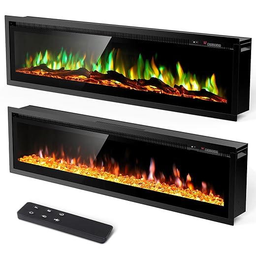 60" Electric Fireplace Inserts and Wall Mounts with Remote Controls 12 Realistic 3D Flame Colors, 750/1500 W Heater, Adjustable Temperature 62F to 82F, Low Noise, 8 Hour Timer, Log and Crystals