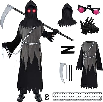 Znorso Grim Reaper Costume for Kids, Halloween Costume with Glowing Up Eyes Costume for Boys