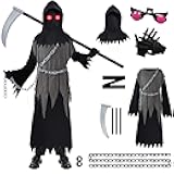 Grim Reaper Costume for Kids, Halloween Costume with Glowing Up Eyes Costume for Boys