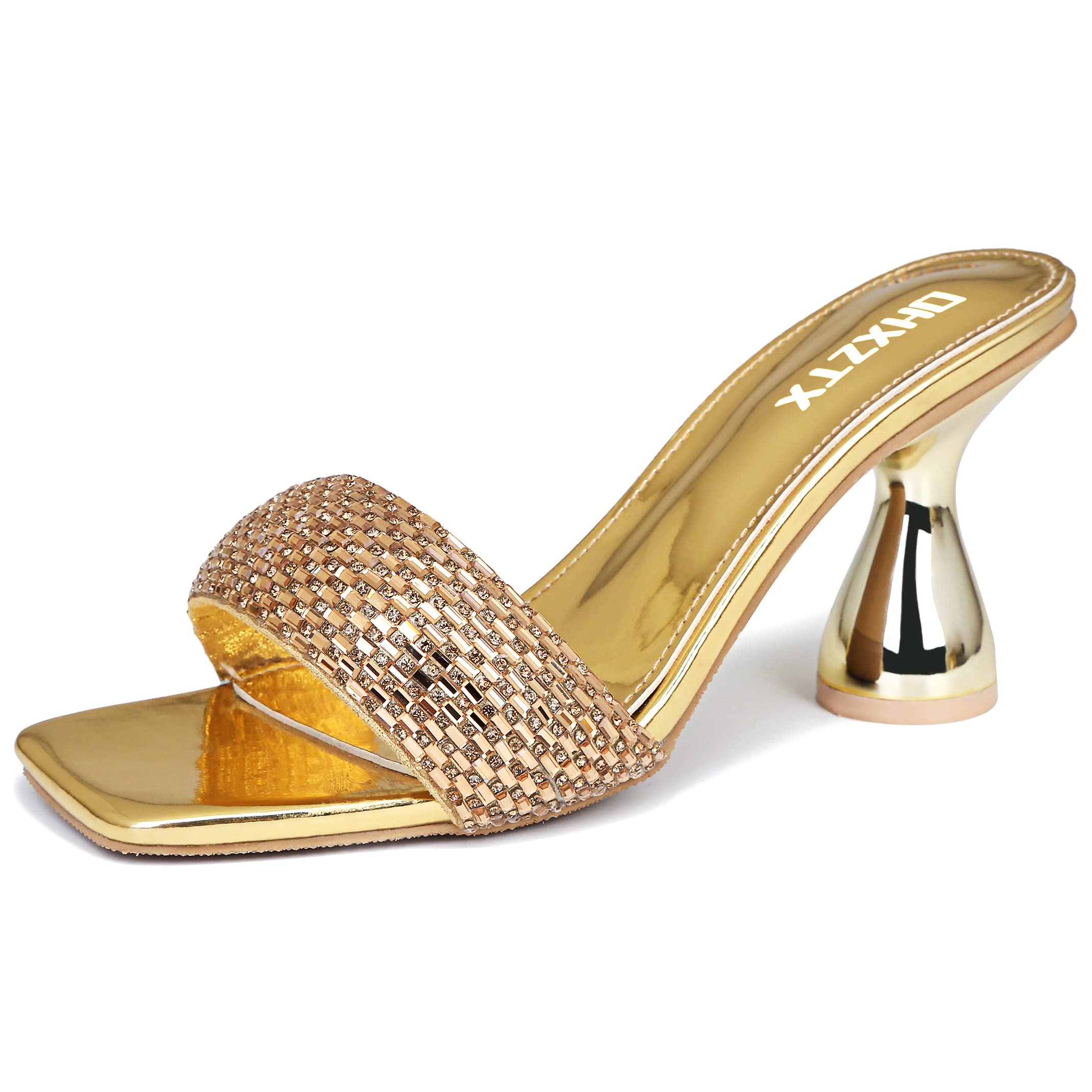 OHXZTX Women's Rhinestone Chunky Heel Mules Sandals Square Open Toe Slip On Kitten Heeled Backless Slides Slippers Fashion Wedges Pumps Dress Shoes