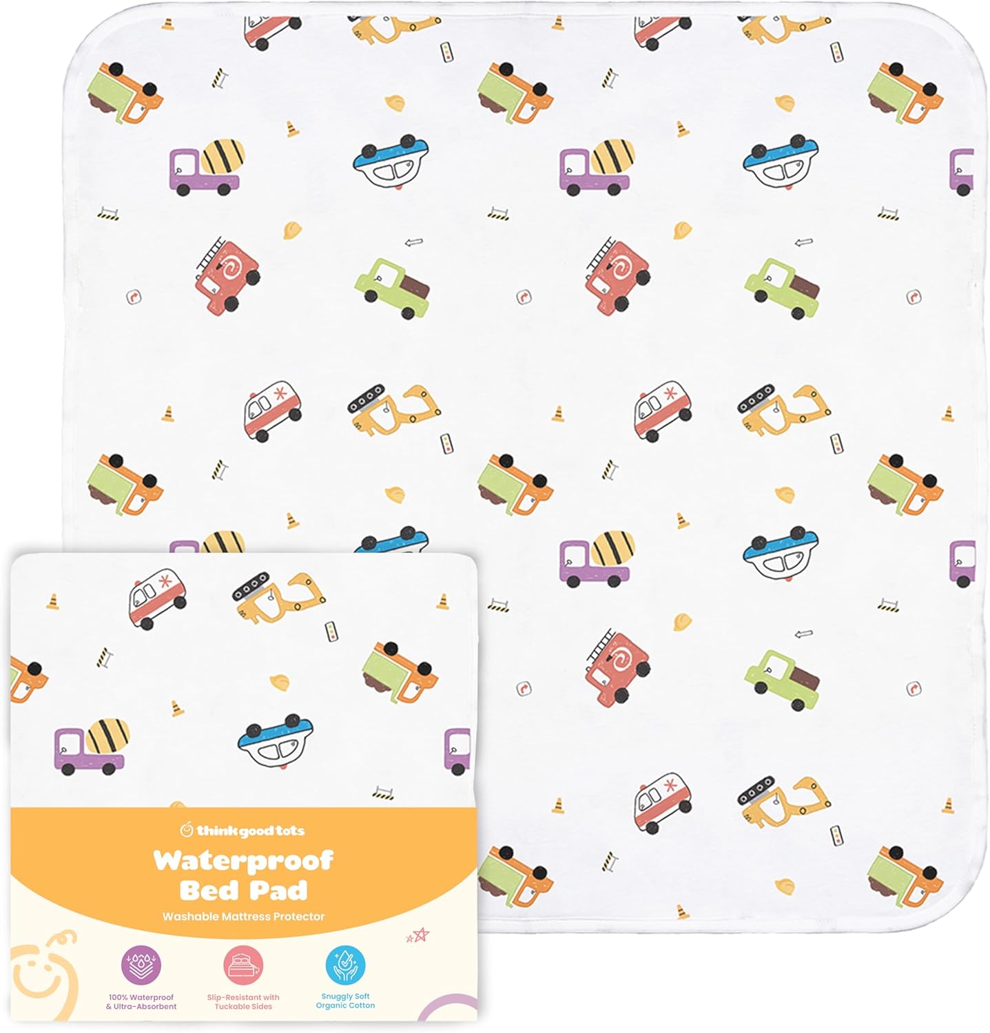 Tuckable Potty Training Pee Pads for Kids, Toddlers - 100% Waterproof, Non Slip Bed Wetting Pad, Twin Beds, Washable, Reusable (Truck and Toys Design)