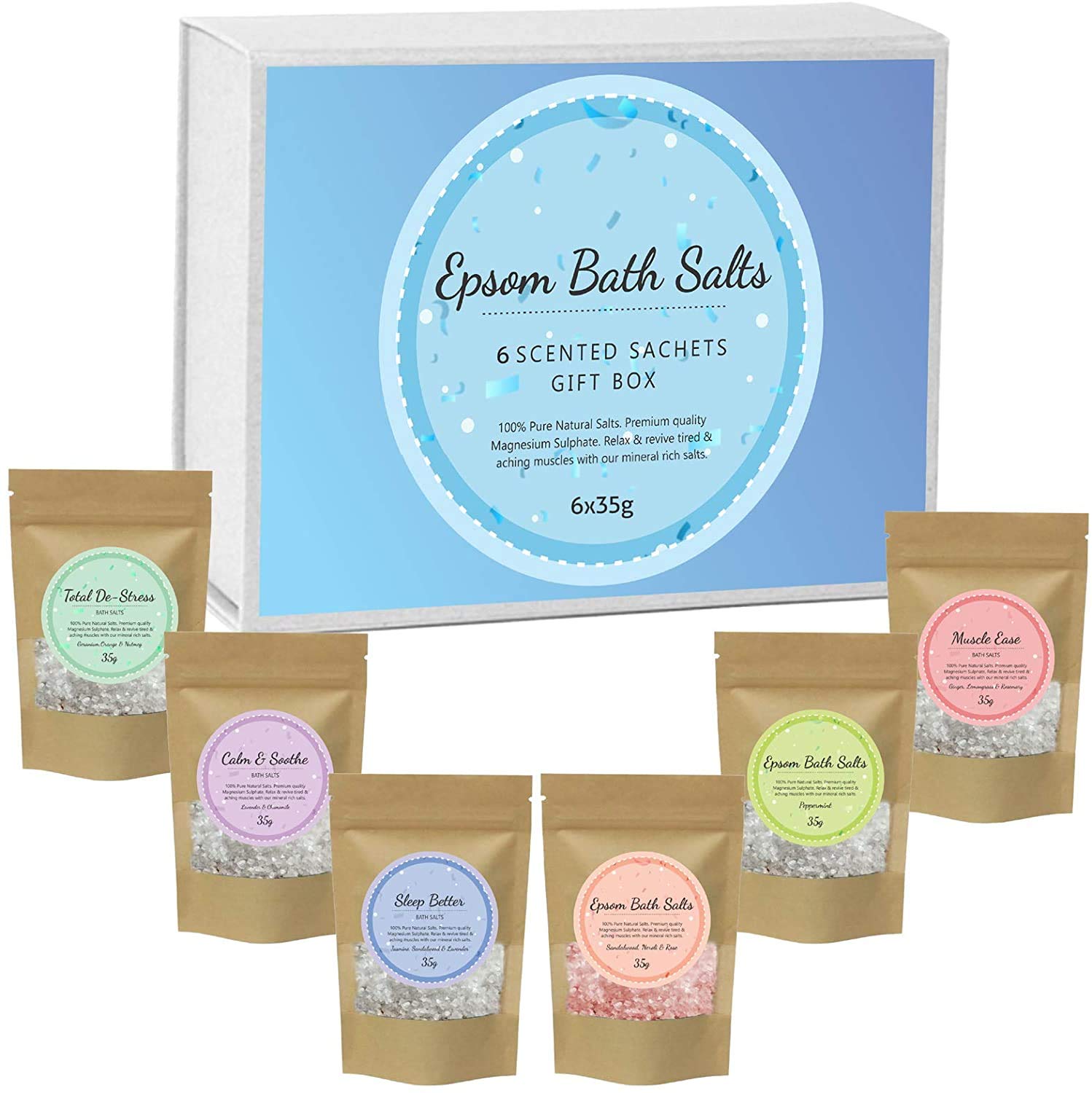 Bath Body Spa Scented Pure Epsom Salts Box Hamper | Magnesium Sulphate Bath Salt | 6x35G Variety Gift Hamper Box Pack by PSN | Ideal for Relieving Sore Muscles | Reduces Inflammation