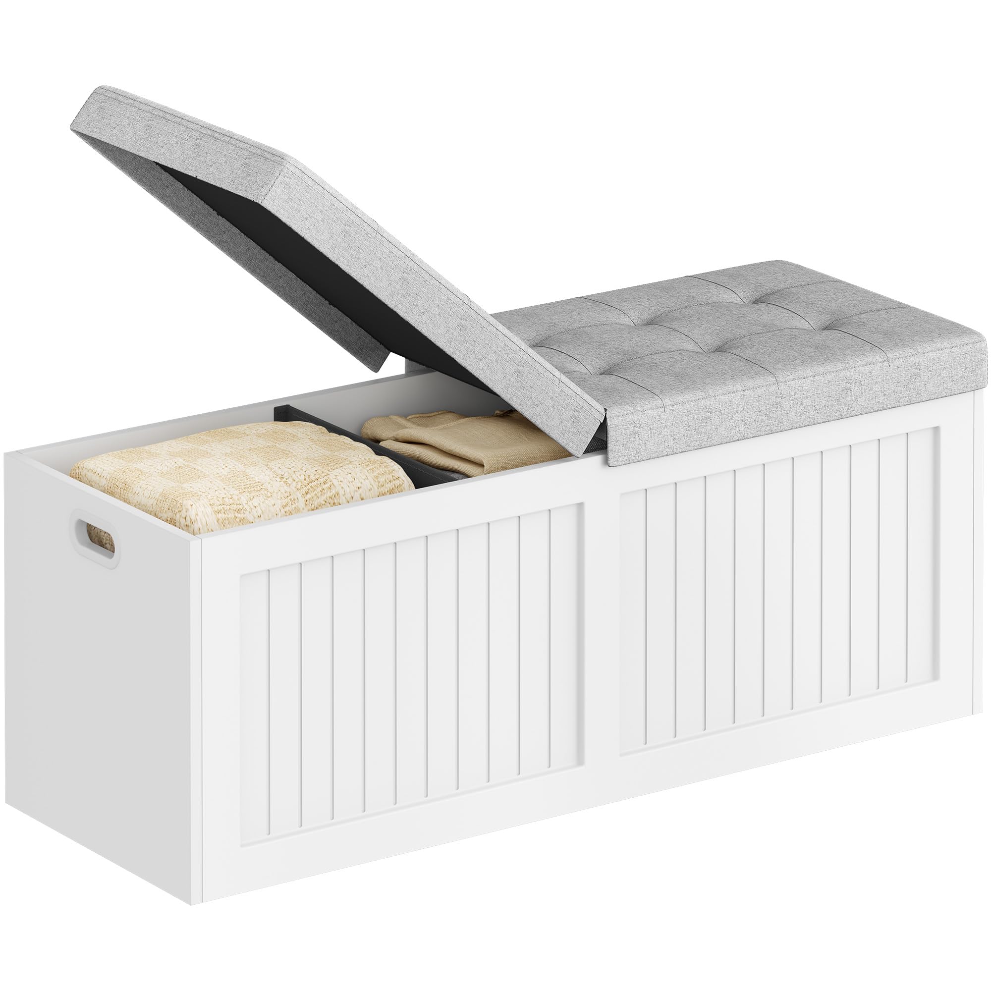 Hzuaneri Coffre de Rangement, 109cm, Coussin en Lin, Blanc-Gris