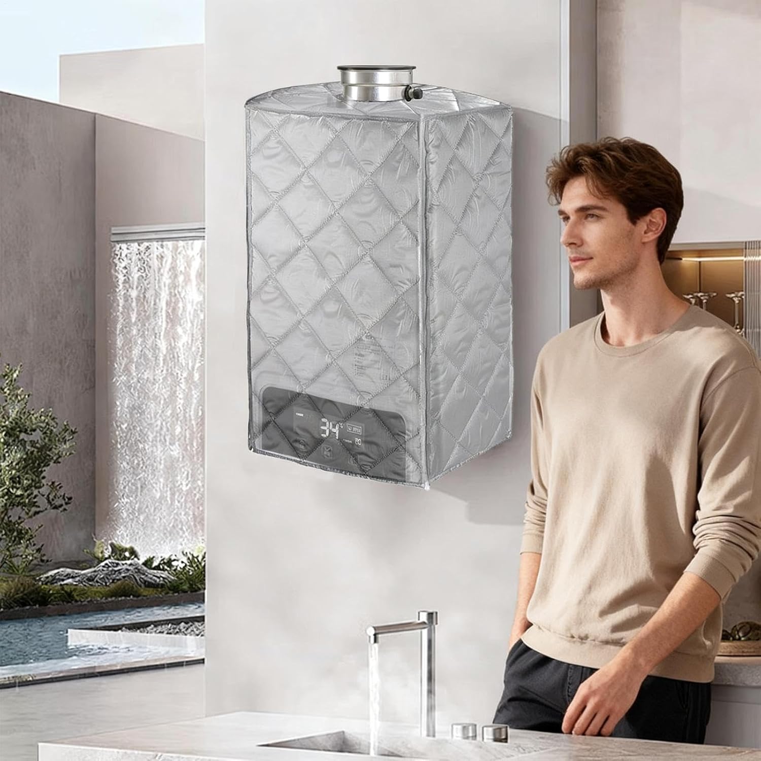 Heater Cover - Tankless Enclosure, Professional Waterproof Dustproof Supply, Four-Season Protective, Rain Dust Leaves, Gray Nylon Gear For Outdoor Indoor Patio Fall Winter Restaurant Wedding