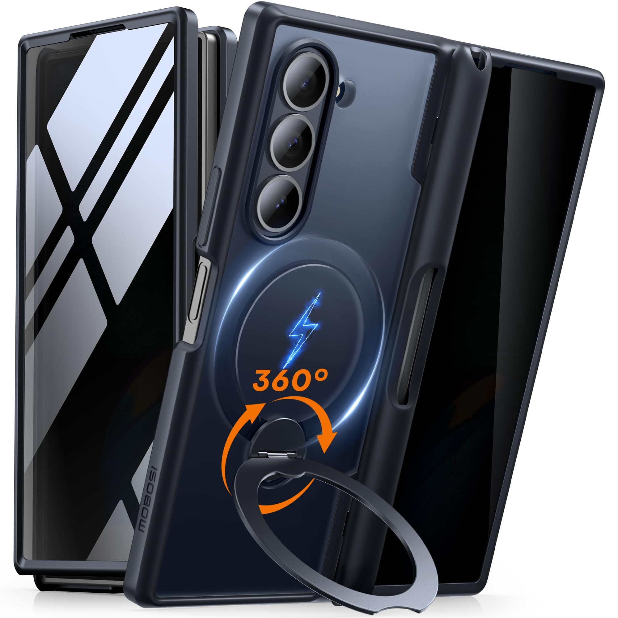MOBOSI for Z Fold 5 Case with Rotatable Ring Stand & Privacy Screen Protector, Compatible with Magsafe, 18FT MIL-Grade Protection, Magnetic Shockproof