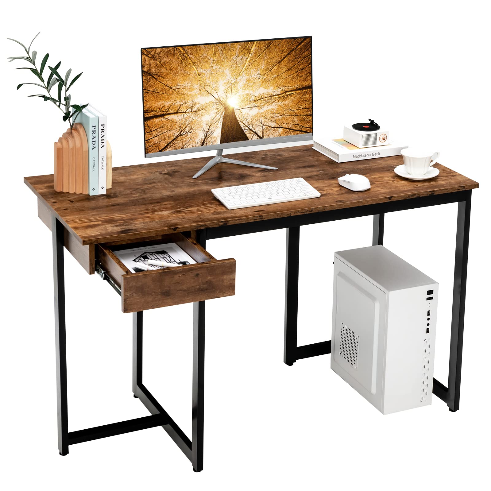 LIFEZEAL Escritorio de Ordenador con cajón, Mesa Escritorio de Ordenador de Madera, Estación de Trabajo de Estilo Industrial, Estructura de Metal, 120 x 55 x 75 cm (Marrón)