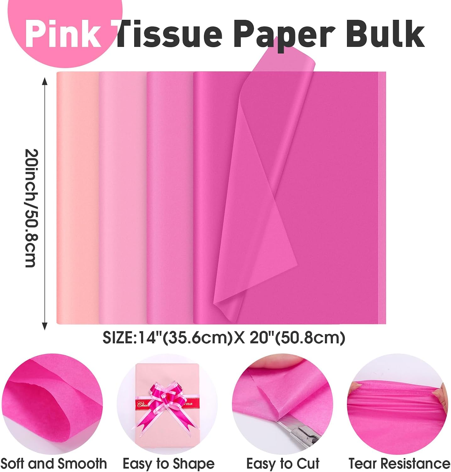 TUXIYA 200 Pcs Pink Tissue Paper for Gift Bags,14"X20" Tissue Paper Bulk image 2