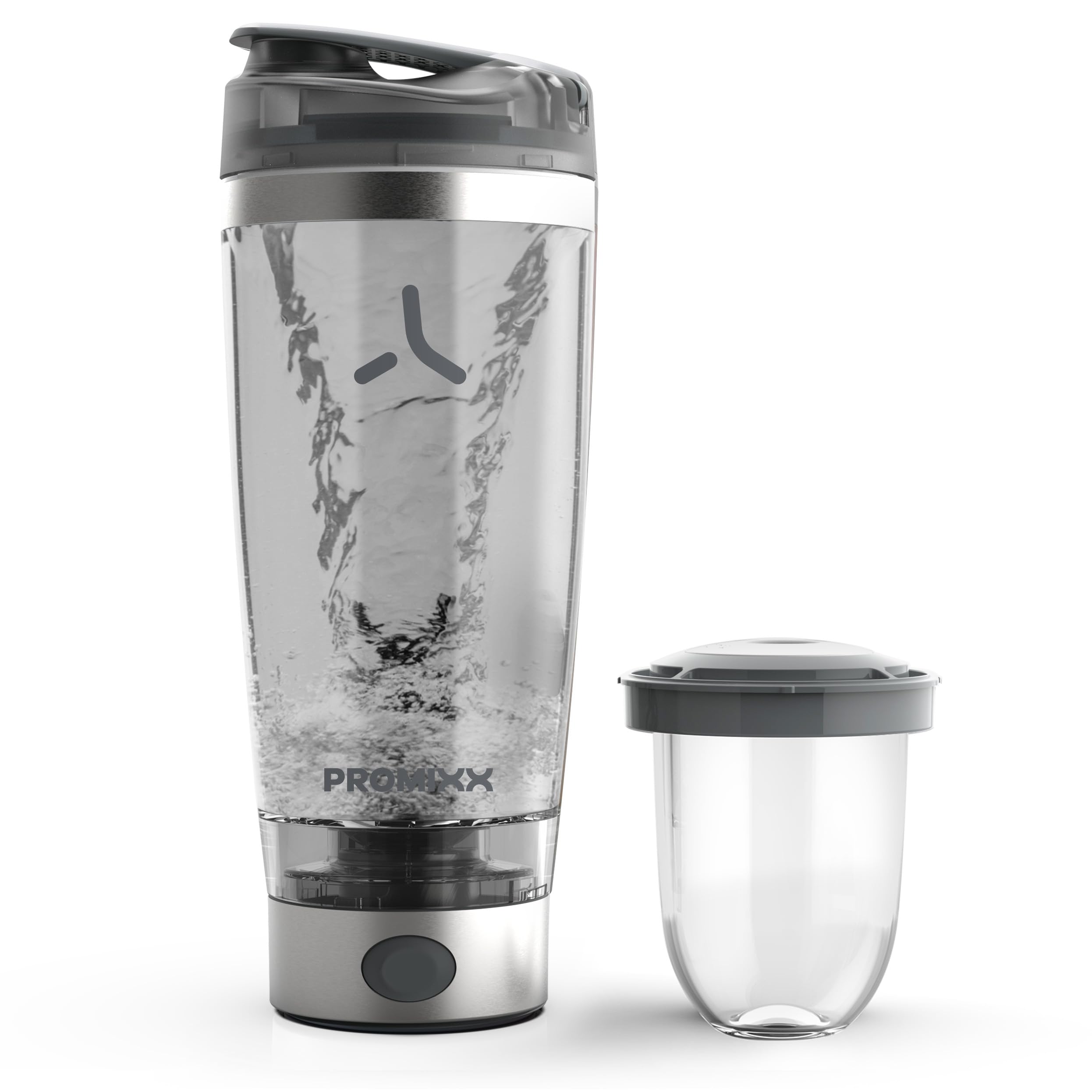 Promixx Pro Shaker Elettrico – 600ml – Acciaio Inox Mixer Vortex Ricaricabile USB-C con X-Blade e Contenitore Integratori – Shaker Senza BPA Facile da Pulire per Fitness e Viaggi – Argento/Grigio