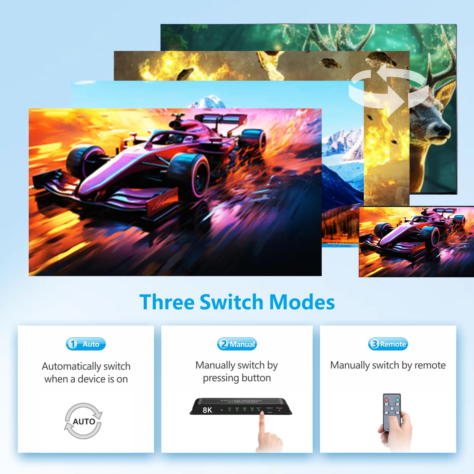 Conmutador HDMI 8K 4 en 1, salida 4K a 120Hz, compatible con HDR10+, Dolby Vision, Dolby Atmos, VRR, ALLM, CEC