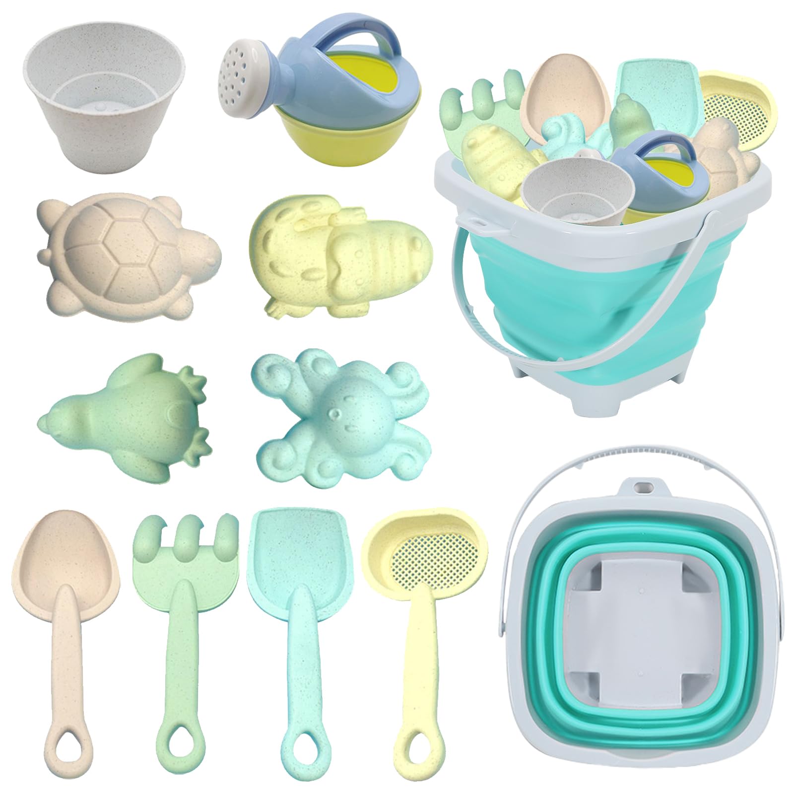 Eymobad Lot de 11 jouets de plage pour enfants avec seau pliable et portable, pelle, râteau à sable, moules à sable, amusants jouets d'été d'extérieur pour garçons et filles - Bleu