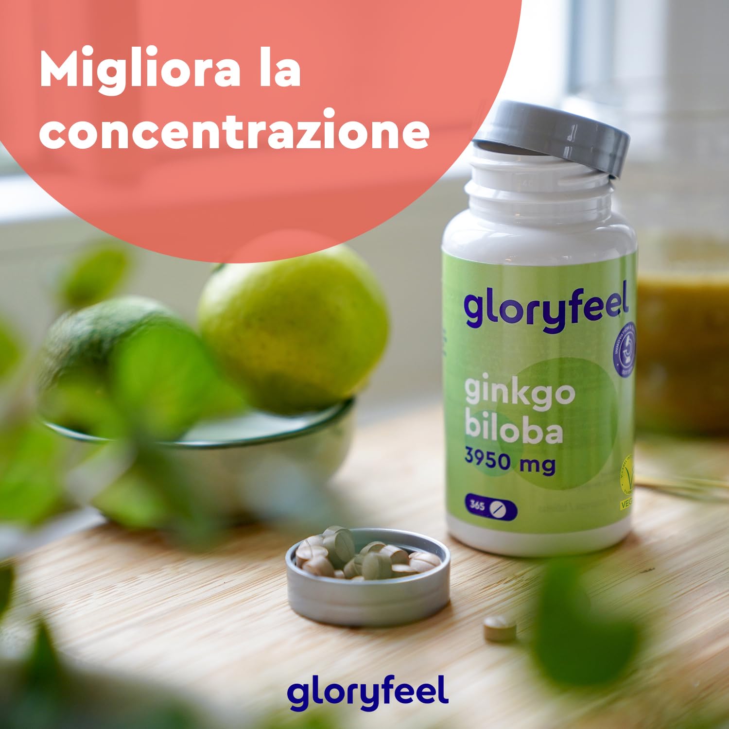 Ginkgo Biloba, Estratto 50:1 con 24% Flavonoglicosidi + 6% Terpenlattoni, 365 Compresse per 1 anno, 100% Vegan e Qualità Testata, 3950 mg, Integratore per Circolazione, Concentrazione e Memoria