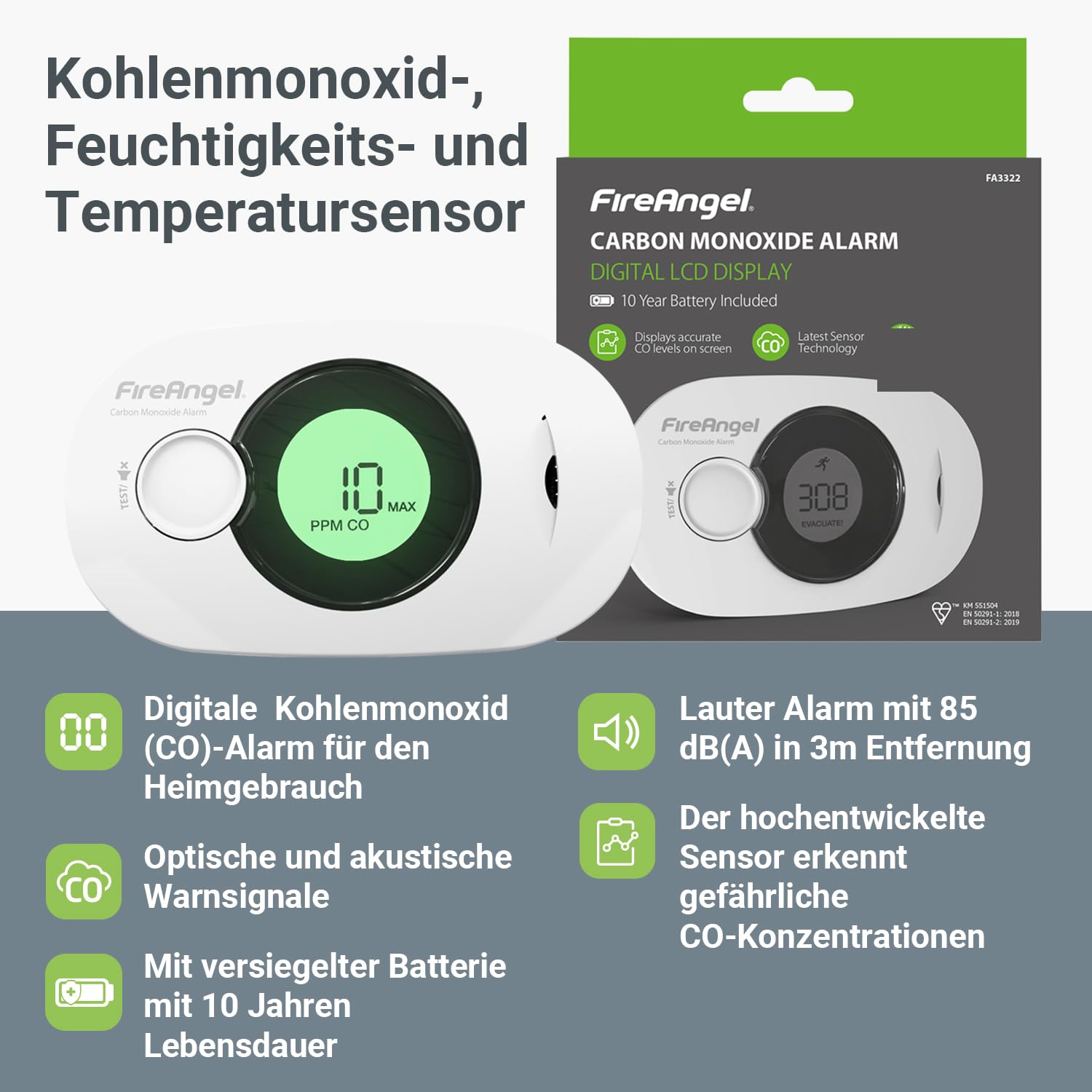 Fire Angel Digitaler Kohlenmonoxidmelder mit Integrierter 10 Jahres Batterie - FA3322 Luftfeuchtigkeits-, Temperatur- und CO-Melder - Tragbar, für Zuhause und Unterwegs - CO Warner
