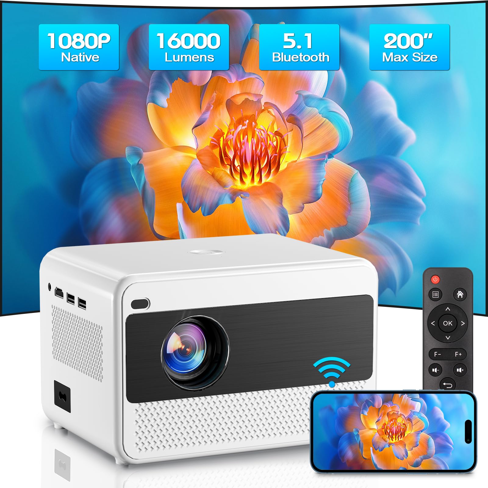 Mini Vidéoprojecteur Android 13 – 26000 Lumens, 4K Supporté, Auto Focus, WiFi 6, Bluetooth, Haut-Parleurs Stéréo, Rotation 180°