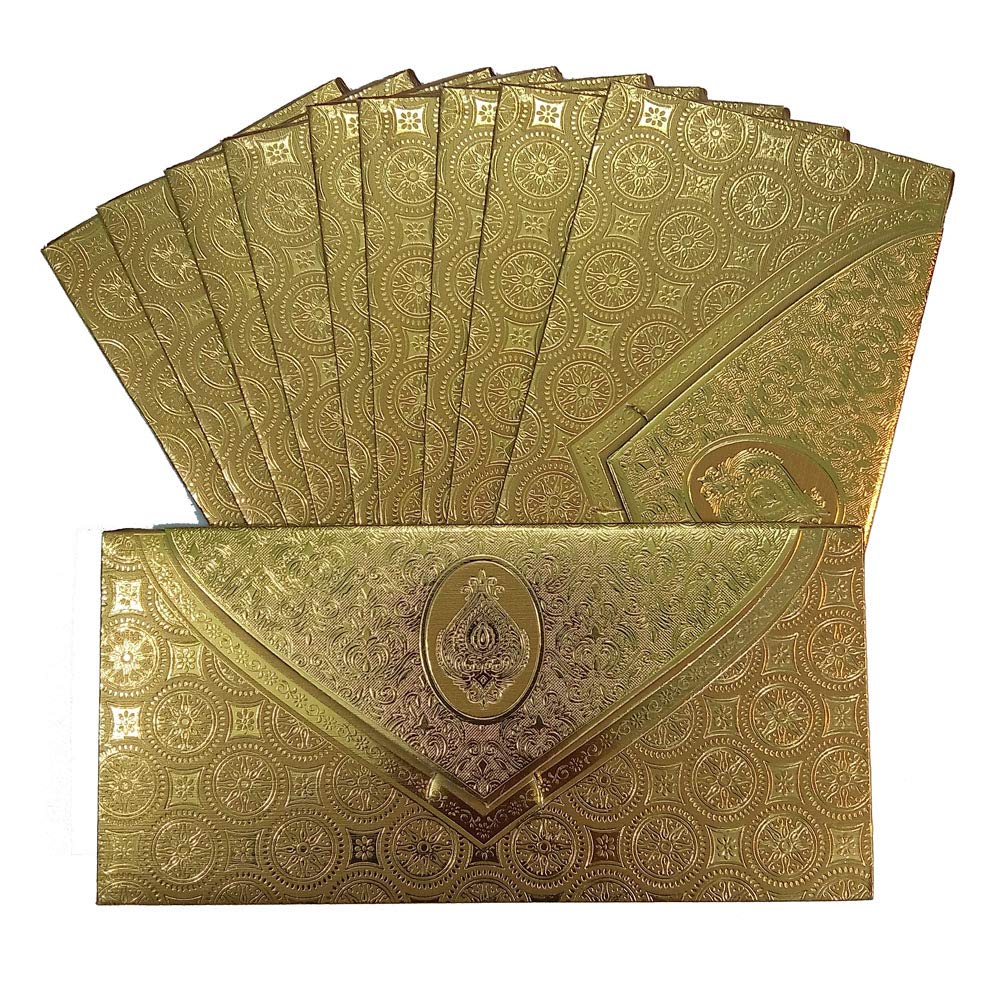 Vanya Creations Pack of 30, 3 Fold Taj Royal Design Shagun Envelopes for Gifting Cash Money Cover Metallic Finish Paper Tuck Flap Designer Fancy Sagan Lifafa Wedding, 19 X 9 cm, Gold Color
