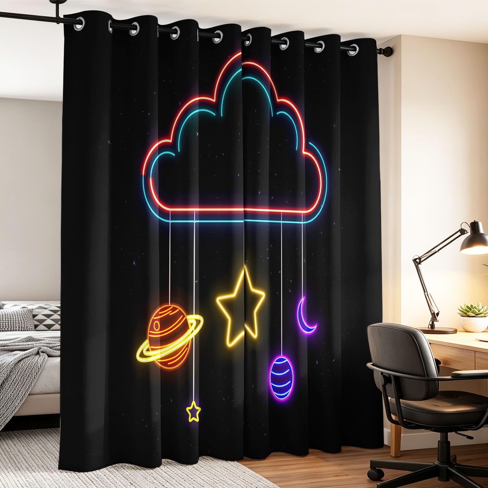 Générique Rideau Occultant Moderne Fantaisie Salon Moderne Thermique Isolant Anti Froid Polyester 2 Pièces 117 x 229 CM Rideaux De Fenêtre Espace Étoile Nuage pour Chambre Cuisine Décoration