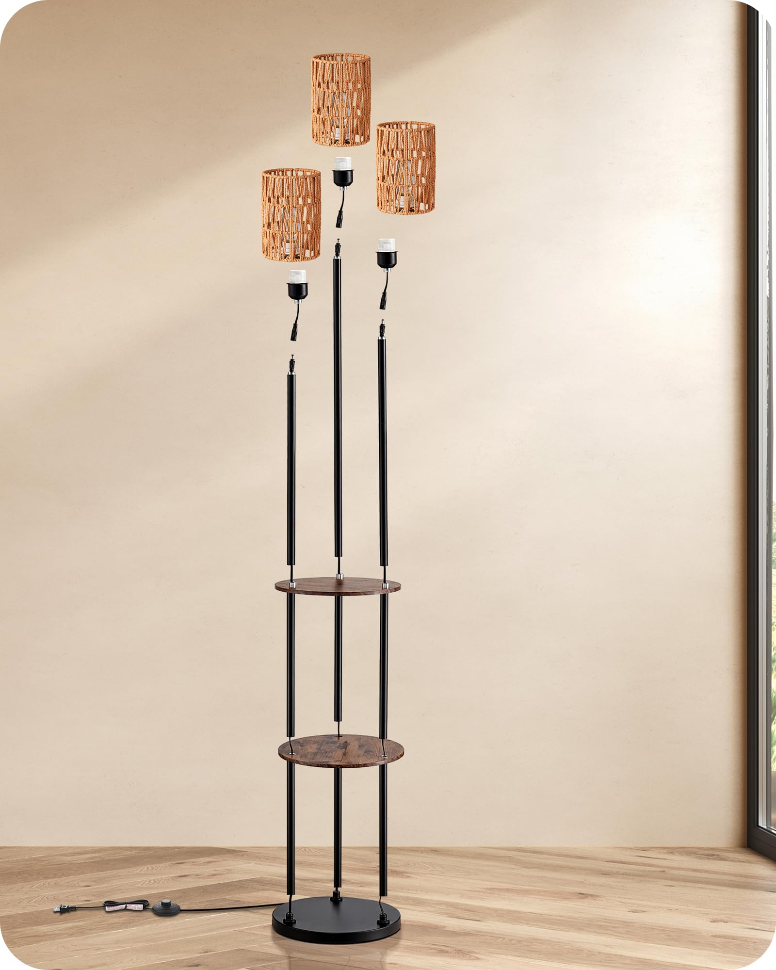 EDISHINE Vloerlamp met 4 houten planken, dimbare LED lamp met 3