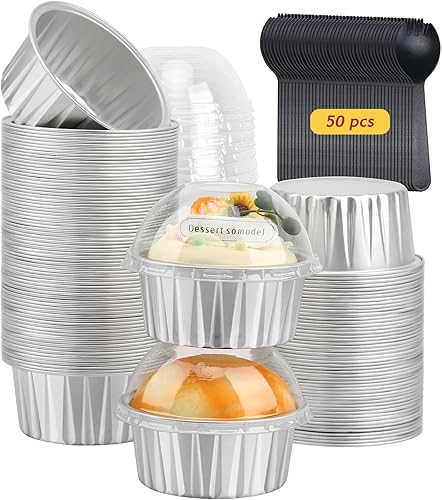 Free-Air - Juego de 50 forros para cupcakes con tapas de cúpula, papel de aluminio de 5 onzas para hornear, moldes para magdalenas, postres, pudín