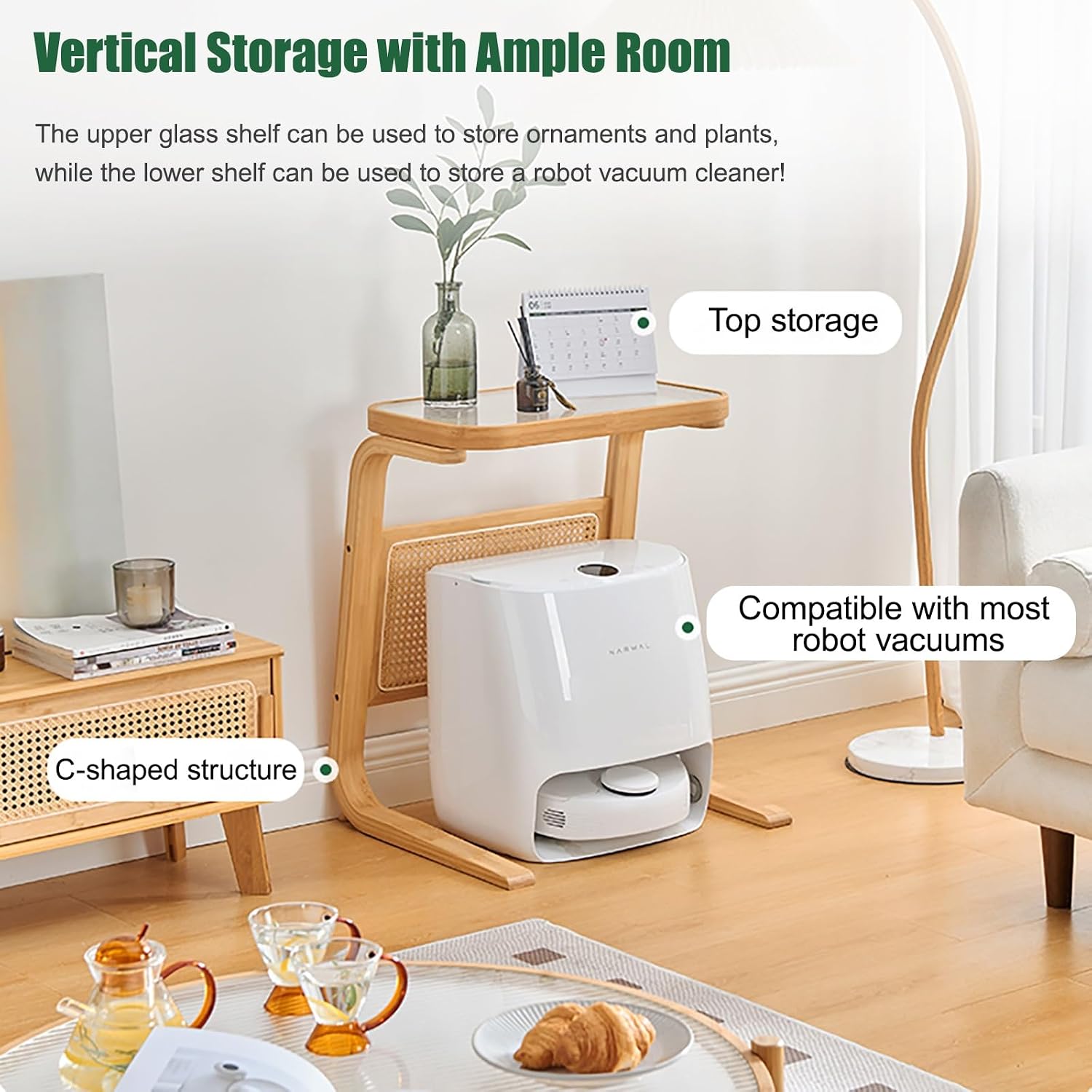 Modern Robot Vacuum Storage Rack Resin Rattan Storage Cabinet, C-Shaped End Tables Reversible Vacuum Cabinet, Side Table for Living Room Home Office