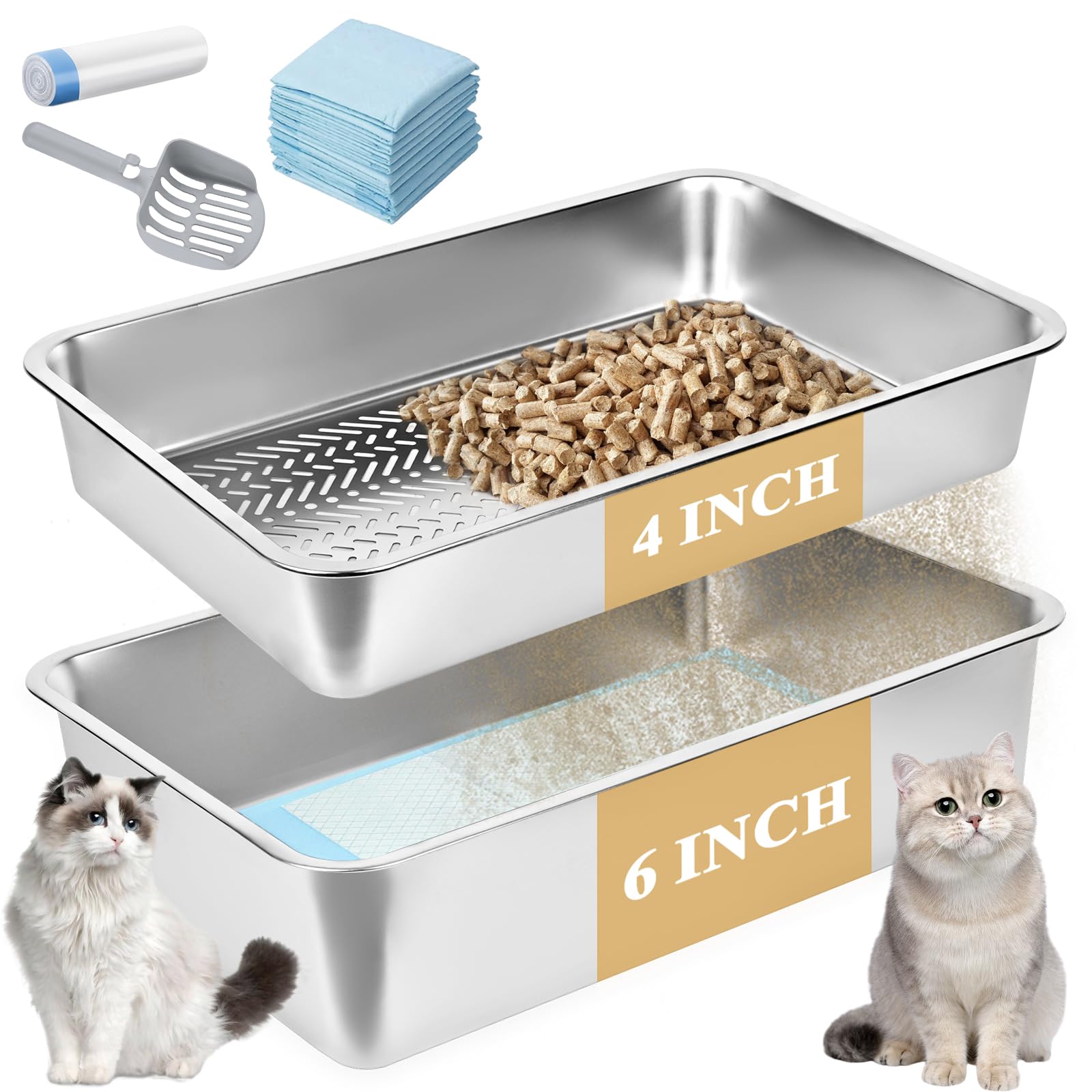 23.6''x15.7''x6'' Stainless Steel Sifting Litter Box, XL Large Metal Sifting Cat Litter Box for Pine Pellets, Litter Pan Tray System for Indoor Cats with Scoop and Pee Pad, Easy to Clean(6 Inch)