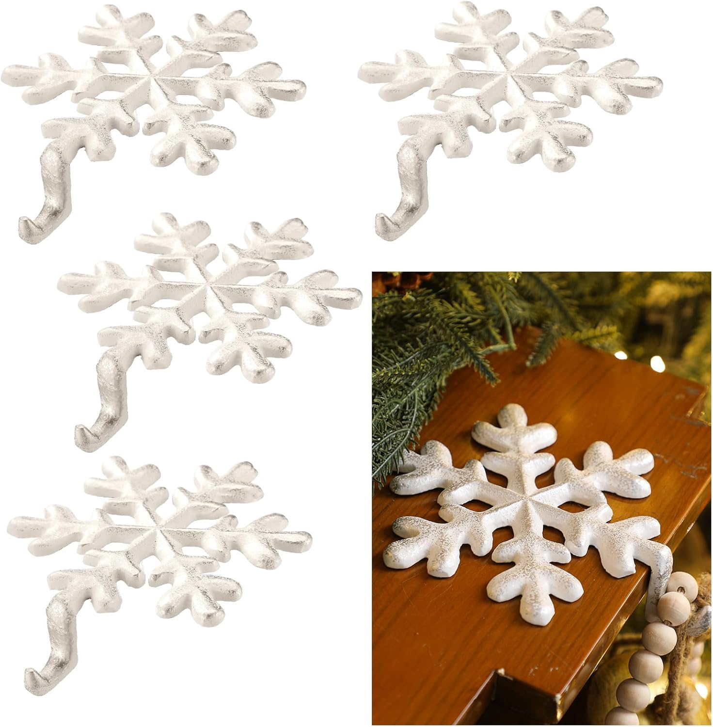 4 Pcs Christmas Stocking Holders Iron Mantel Weighted Hangers with Protective Pad Heavy Duty Xmas Hooks for Mantle Wrought Iron Stocking Holder for Fireplace Home Shelf(Snowflakes)