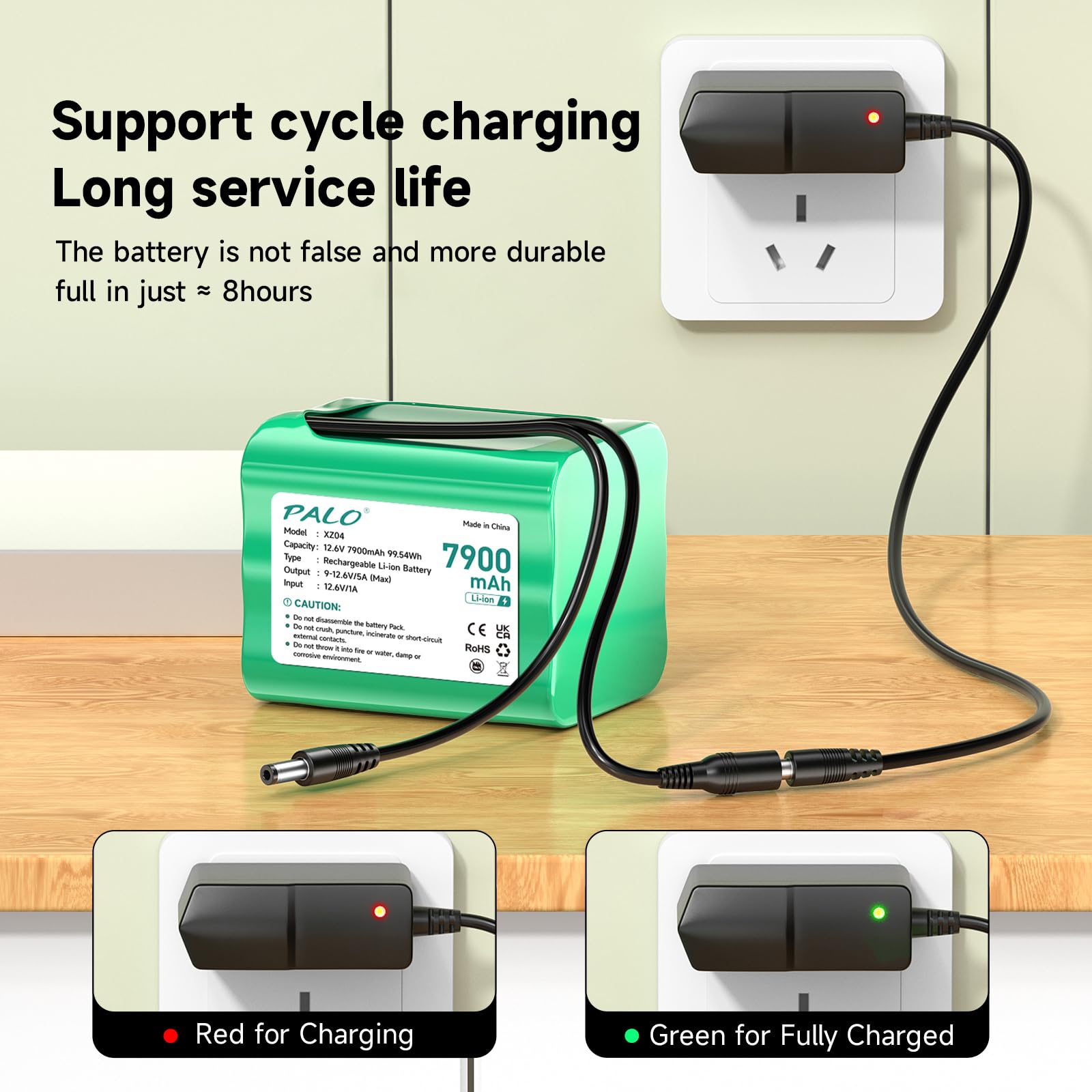Batería de 12,6 V 7900 mAh CC con cargador para cable de conexión de 12 V, adaptador de red y adaptador de red de coche, para tira de iluminación LED, reproductor de MP3, router, bricolaje