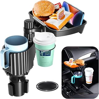 Multifunctional Car Cup Holder Tray for Eating, Detachable Tray Dual Cup Expander, 360° Rotation Base Heightened 1.5" Phone Holder Tray, Road Trip Essentials Car Accessories for Most Mugs Bottles