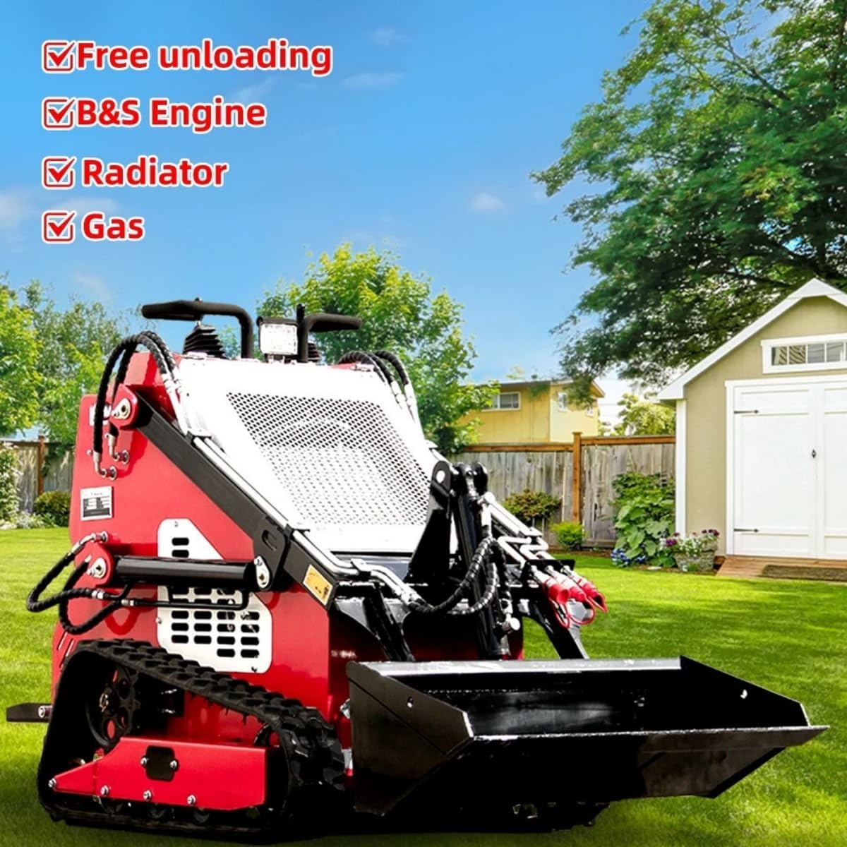 Powerful 15hp Standing-on Crawler Mini Skid Steer Loader with B&S Engine - Red Mini Skid Steer Attachments Like Pallet Forks, Grapple & Auger - Perfect for Construction and Farm Use (RED-1)