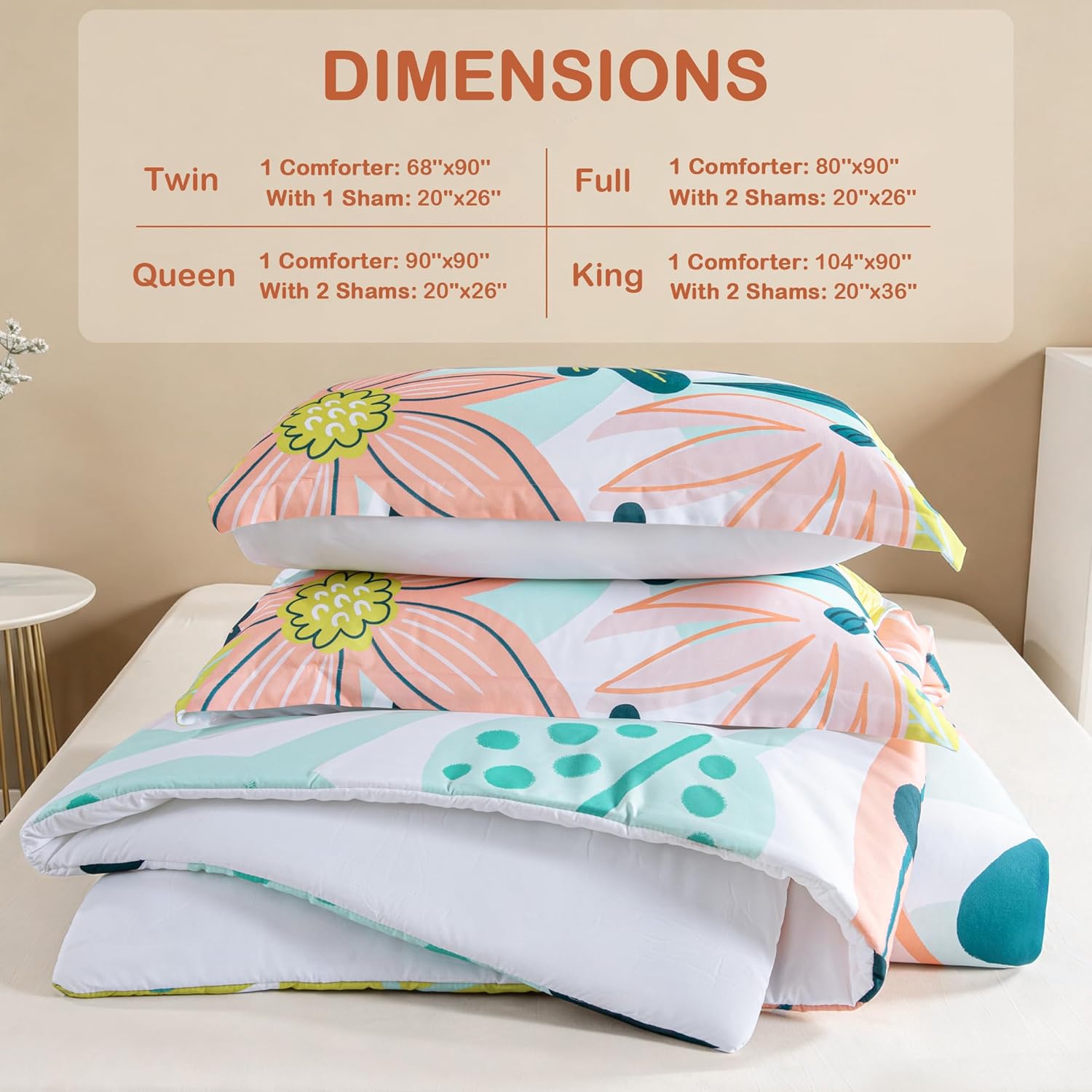 Boho Floral King Comforter Set - 3 Piece Farmhouse Botanical Bedding Comforter Sets for All Season Soft Lightweight Mid Century Bed Set, (1 Reversible Comforter and 2 Pillow Shams
