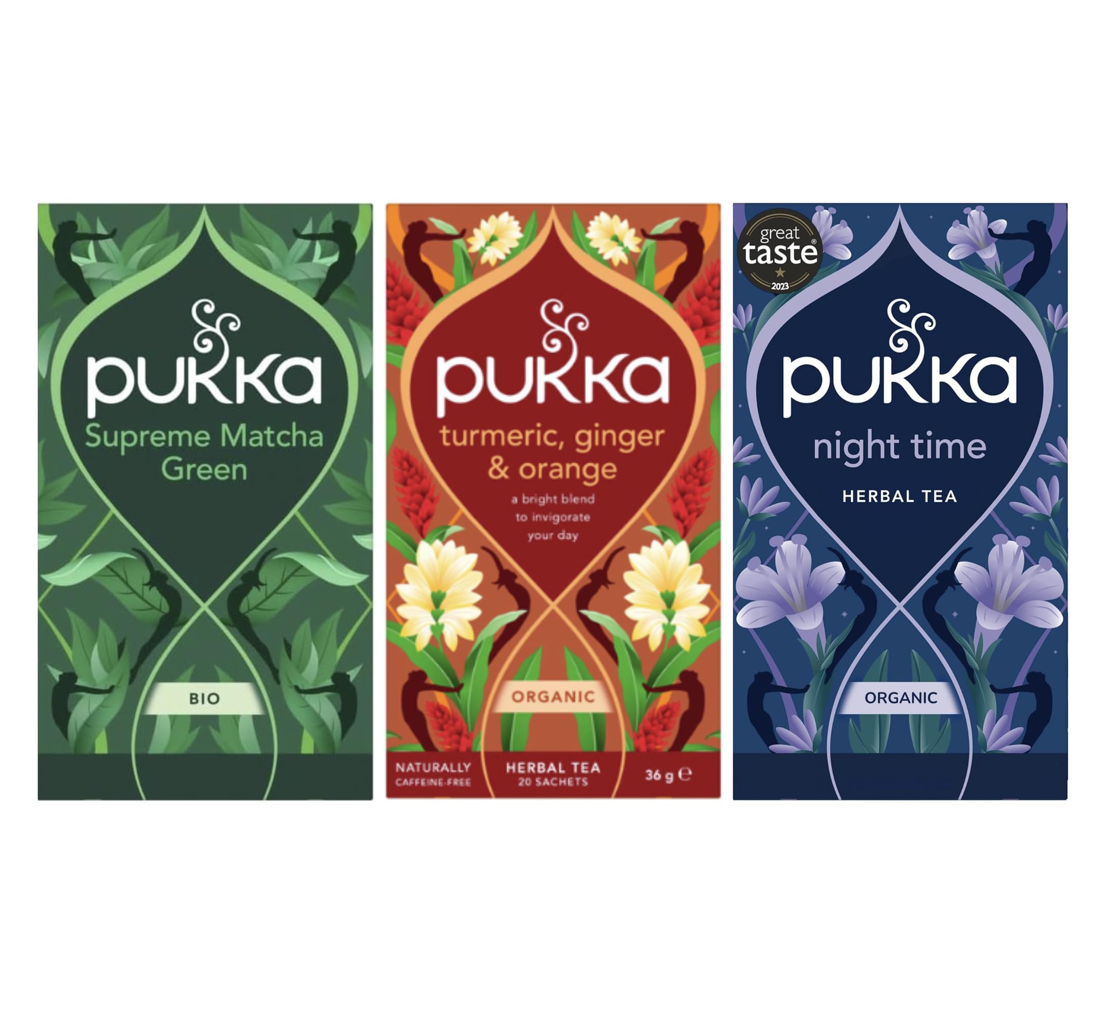 Pukka HerbsTea for Morning to Night - Supreme Matcha Green, Turmeric Ginger & Orange & Night Time - Bundle of 3 boxes, 20 Sachets of EachSoil AssociationSoil AssociationSoil Association