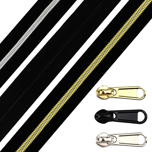 DOITEM #5 Silver Gold Black Metallic Nylon Coil Zippers by The Yard Bulk Black 16 Yards with 30pcs Sliders for DIY Sewing Tailor Craft Bags (Silver Gold Black)