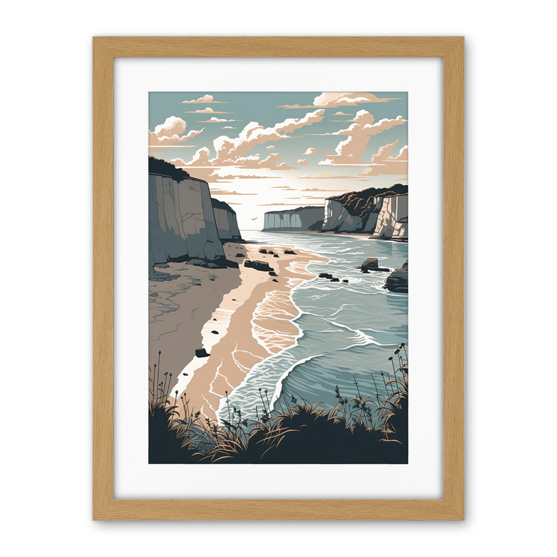 Artery8 Bay with Cliffs Pastel Colour Coastal Landscape Artwork Framed Wall Art Print 18X24 Inch