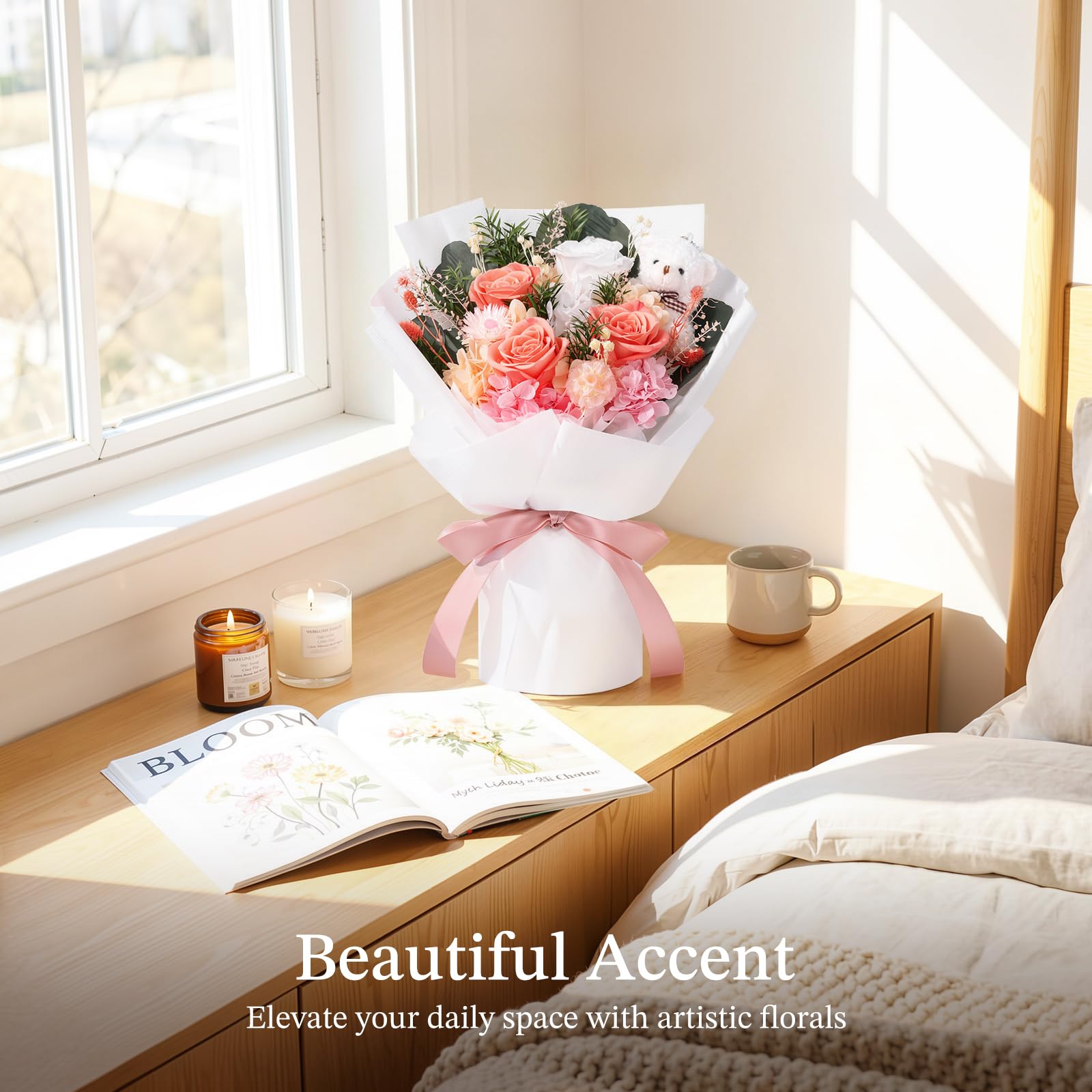 Emibele Flowers for Delivery Prime, Preserved Flowers Bouquets, Eternal Pink and White Roses with Bear, Valentines Mother's Day Birthday Anniversary Graduation Flower Gifts for Her Girlfriend Women