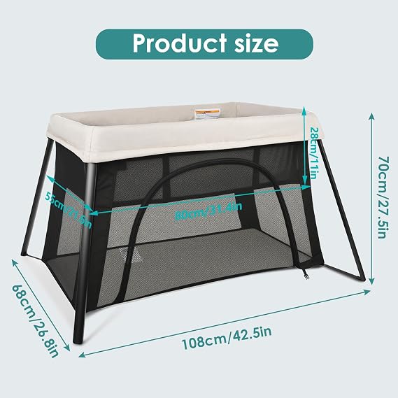 Travel Pack and Play with Bassinet, Compact Lightweight Baby Playard | Portable Baby Playpen for babies and toddlers, Easy Setup, with Carry Bag, Breathable Mesh, Beige