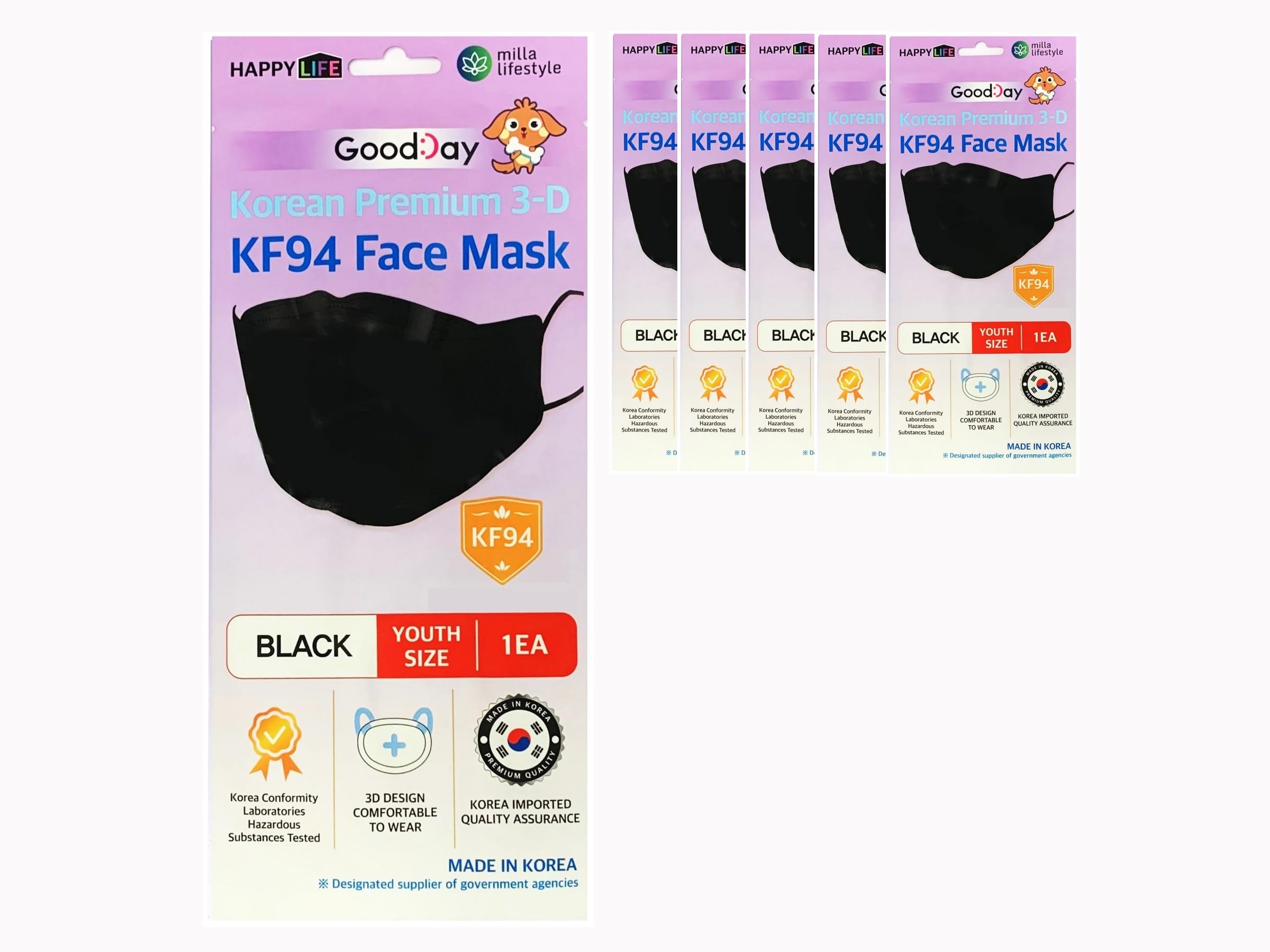 (Pack of 5) KF-94 Kids Black Face Mask, Individual Pack Youth, 4-Layer Filters Disposable, Made in Korea.