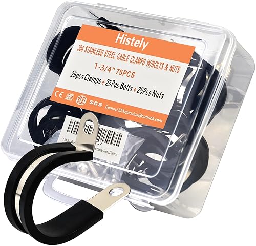 Histely - Paquete de 75 abrazaderas de cable de acero inoxidable de 1-34 pulgadas con pernos y tuercas, abrazadera aislada acolchada de goma,