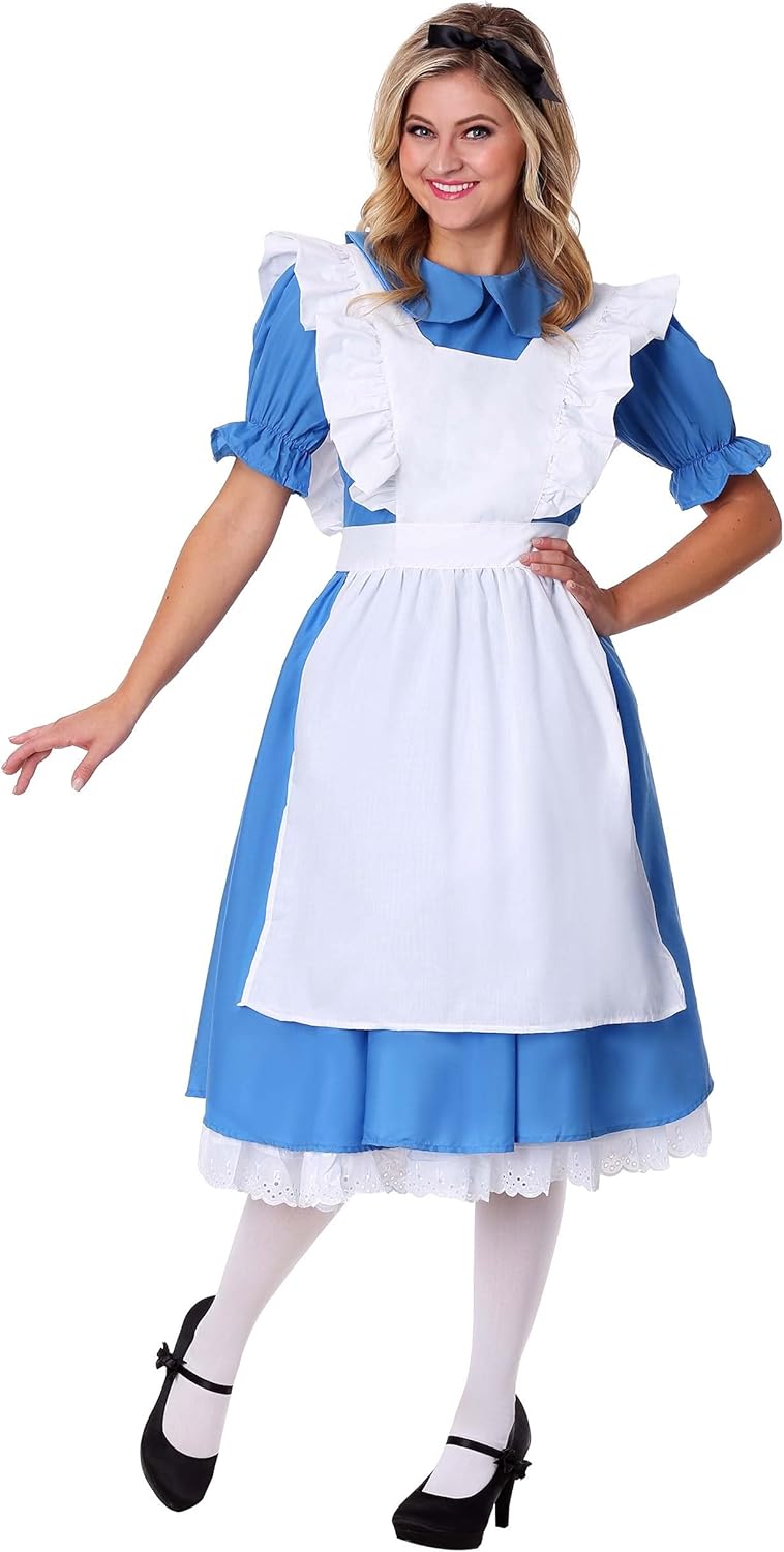 Alice in Wonderland Adult Alice Dress Costume Womens, Pretty Blue Puffed Sleeve Halloween Dress
