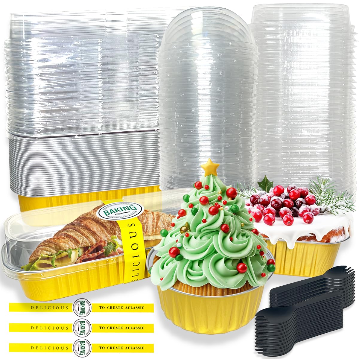 90Pcs Mini Cake Baking Cups with Lids, Spoons and Stickers, Mini Loaf Pans, Reusable Aluminum Cake Tins, Foil Baking Pans, Small Loaf Cases Boxes, Tart Pie Cakes Containers for Dessert (Gold)
