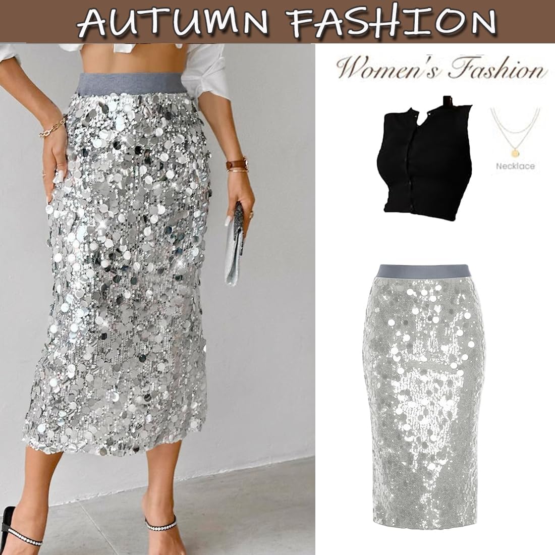 Women's Sequin Skirt, A Line Women's High Waist Stretchy Shiny Sequin Bodycon Long Skirt for Evening Party
