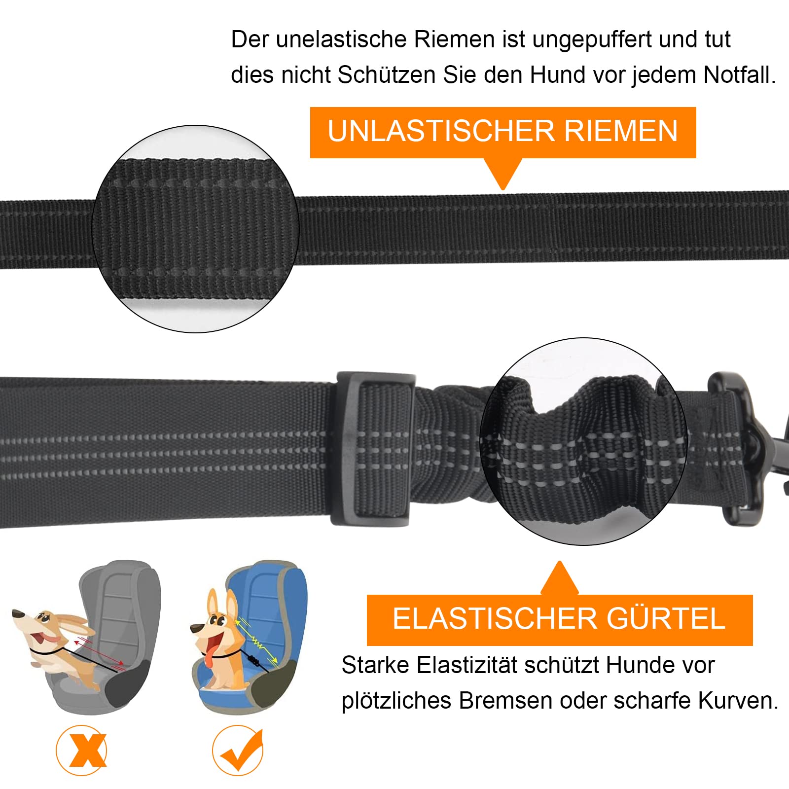 Hunde-Sicherheitsgurt Set – Einziehbar, Verstellbar, Mit Bungee-Puffer & Karabiner